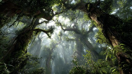 Obraz premium 63.Deep rainforest interior with towering trunks and dense leafy canopy, springtime growth visible on branches, climbing vines and epiphytes, beams of sunlight breaking through foliage, humid mist