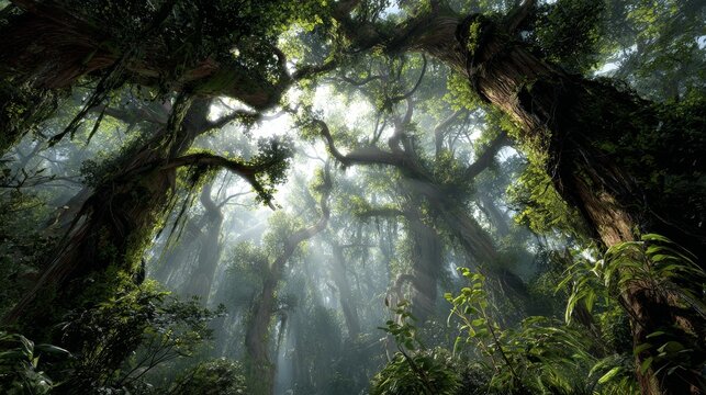 63.Deep rainforest interior with towering trunks and dense leafy canopy, springtime growth visible on branches, climbing vines and epiphytes, beams of sunlight breaking through foliage, humid mist