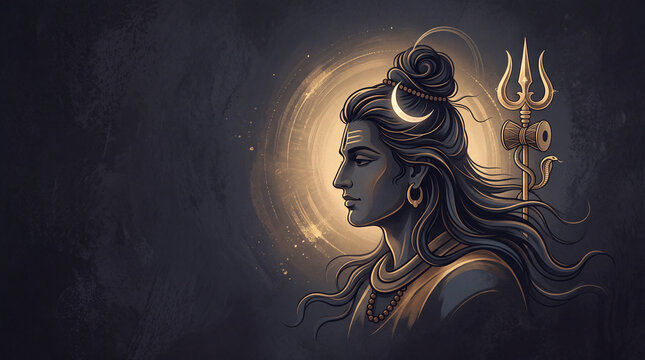 A serene profile depiction of Lord Shiva featuring the crescent moon and sacred trident against a glowing halo within an artistic dark atmospheric setting capturing divine spiritual power