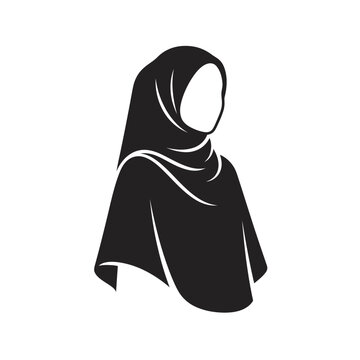 Minimalist silhouette of a Muslim woman wearing a traditional hijab headscarf, elegant modest Islamic female avatar icon on white background