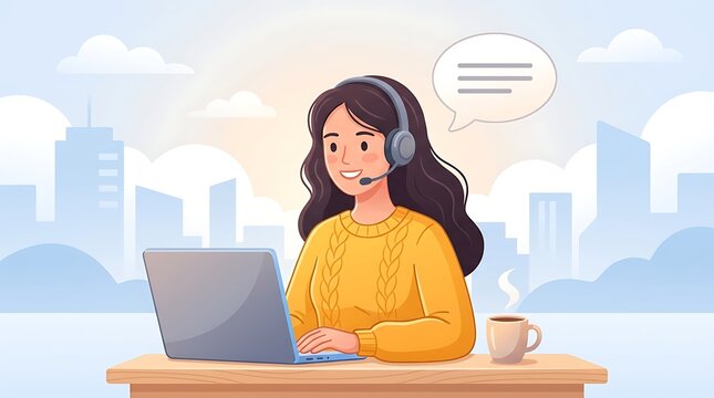 A friendly customer support agent wearing a headset works on a laptop in a modern office setting illustration.