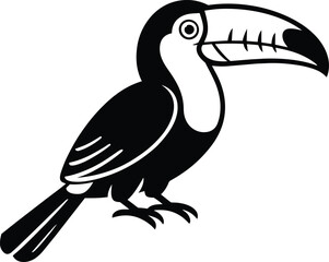 Naklejka premium Toucan bird icon rendered in a bold black and white silhouette style, displaying a prominent large beak and a clean profile view of an exotic rainforest animal