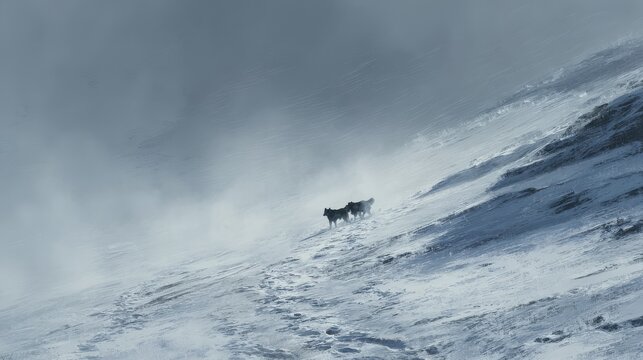 80.Photorealistic winter storm depiction, two stray dogs on snowy slope, turbulent wind and heavy snow, gray mountainous horizon, traces of pawprints, bleak environment, sense of struggle and
