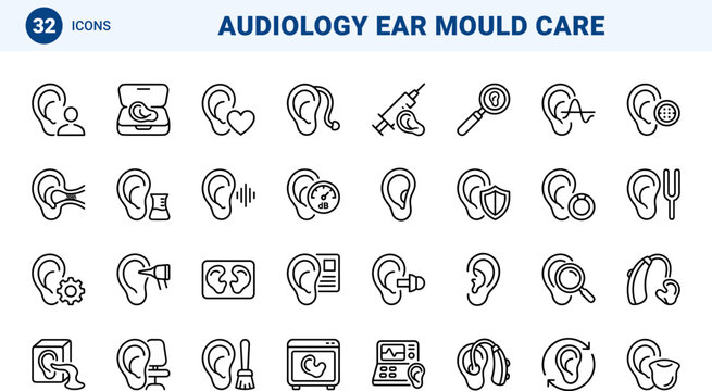 Ear Mould Hearing Aid Fitting Web Icon Set in Linear Style. Collection of audiology line icons, including custom fitting, impression taking, hearing care, earmold tubing, acoustic testing.