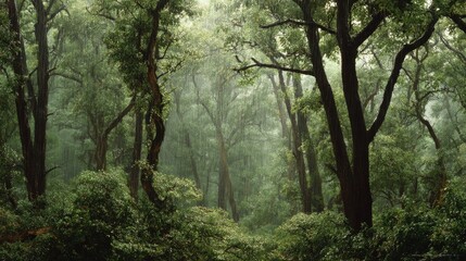 Fototapeta premium 84.Summer woodland during rainstorm, thick green foliage, trunks darkened by moisture, cascading raindrops, hazy mist between trees, muted sunlight filtered through clouds, serene natural ambience,