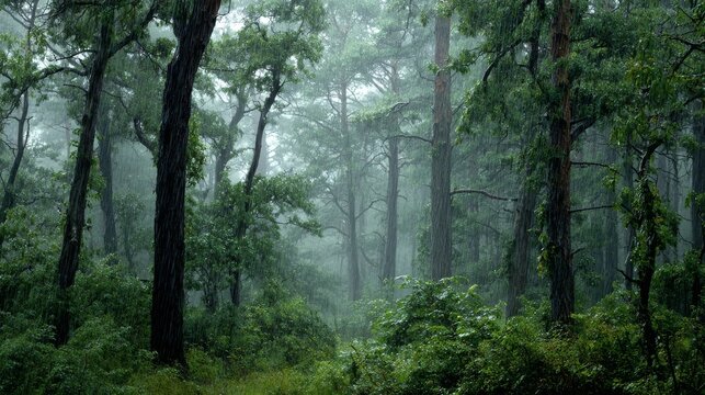 84.Summer woodland during rainstorm, thick green foliage, trunks darkened by moisture, cascading raindrops, hazy mist between trees, muted sunlight filtered through clouds, serene natural ambience,