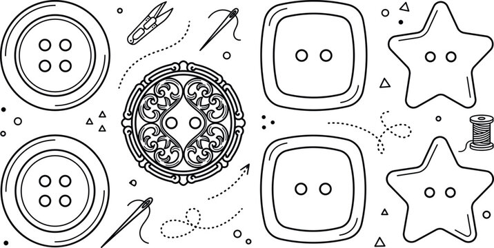 Sewing clothing buttons set with needle thread scissors star and vintage details line art vector illustration coloring page