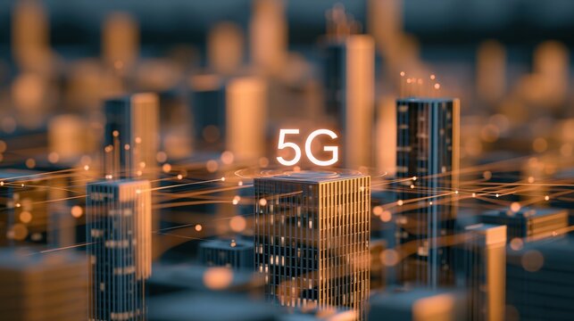 Futuristic 5G network connecting a modern city skyline with data streams and glowing lights