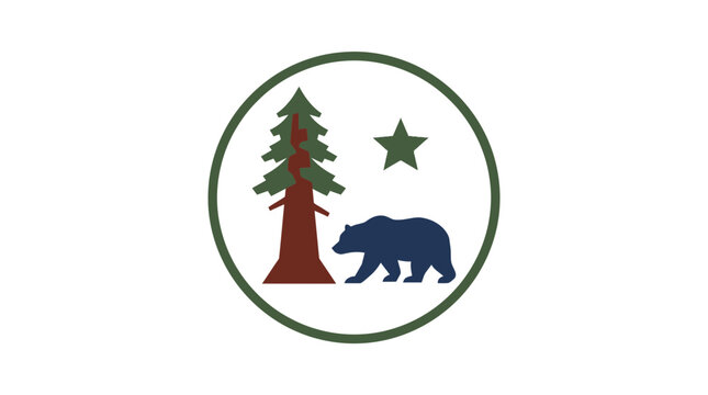Minimalist California Republic Emblem Featuring A Symbolic Grizzly Bear And Redwood Pine Tree In A Circle Badge Design