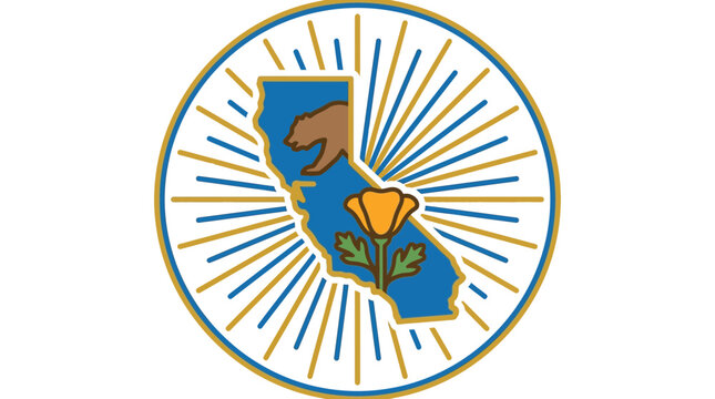 California State Decorative Emblem Featuring Map Outline with Bear and Golden Poppy Flower Illustration