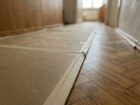 Protective cardboard shielding a classic herringbone parquet floor during residential home renovation and interior improvement