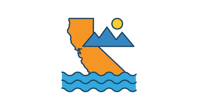 Stylized Vector Icon Depicting California Geography Featuring Coastal Waves Mountain Peaks And A Radiant Sun Design Element