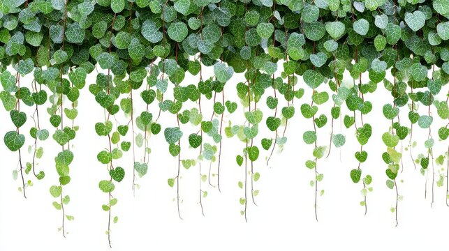 96.Hanging vine foliage with cascading ivy strands, heart-shaped green leaves overlapping densely, natural jungle bush texture, isolated on pure white background, clipping path style, vivid leaf