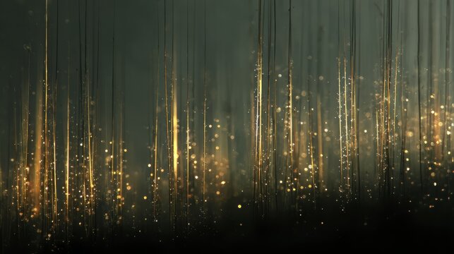 4.Dreamlike scene of illuminated rainfall in darkness, fine glowing threads of rain forming vertical patterns, subtle gradients of light, scattered shimmering droplets, quiet meditative mood, soft