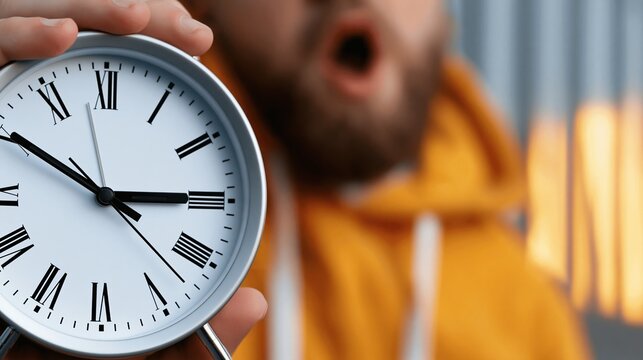 Close-up of a man yawning widely while holding a clock, emphasizing the passage of time and exhaustion