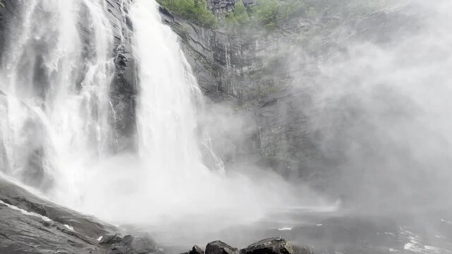 Handheld low angle pan right revealing majestic Skjervefossen waterfall mist in winter Norway