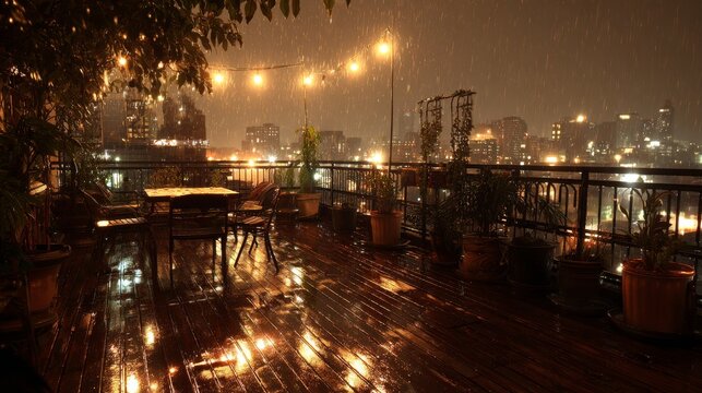 8.Rain-soaked rooftop terrace with wet wooden floor reflecting city lights, raindrops splashing on railing, potted plants dripping with water, overcast sky above, soft ambient light, tranquil urban