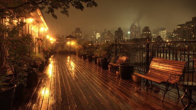 8.Rain-soaked rooftop terrace with wet wooden floor reflecting city lights, raindrops splashing on railing, potted plants dripping with water, overcast sky above, soft ambient light, tranquil urban