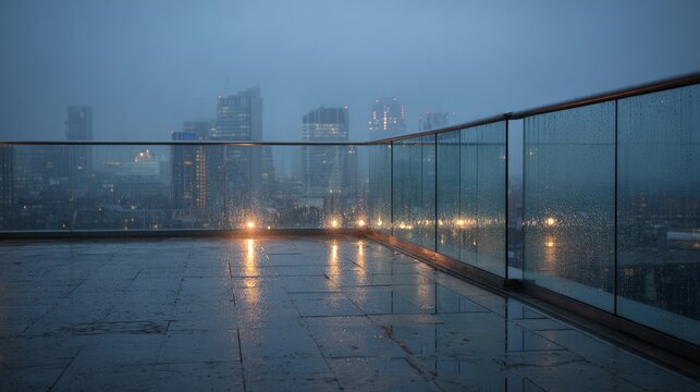 9.Modern roof terrace under steady rainfall, glass balustrades streaked with water, distant skyline blurred through mist, puddles forming on tiles, soft reflections, moody atmospheric lighting,