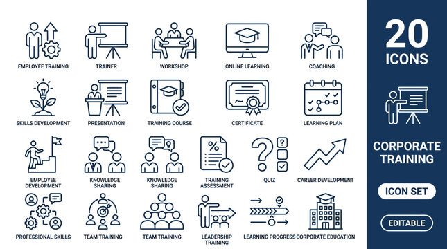 Corporate Training Icon Set for Business Education and Professional Development Programs