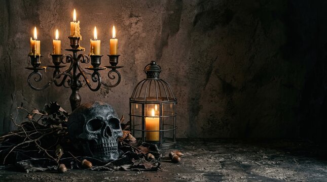 Ekta andhokar, purine style-er ghor, ethane ekta gothic style-er candles holde ekta boro skull ebong ekta wire cage-er bettor candle jolche.