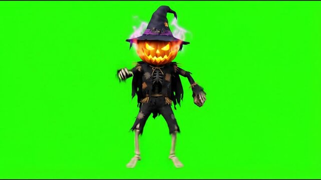 Dancing pumpkin head witch character on a green screen background,chroma key