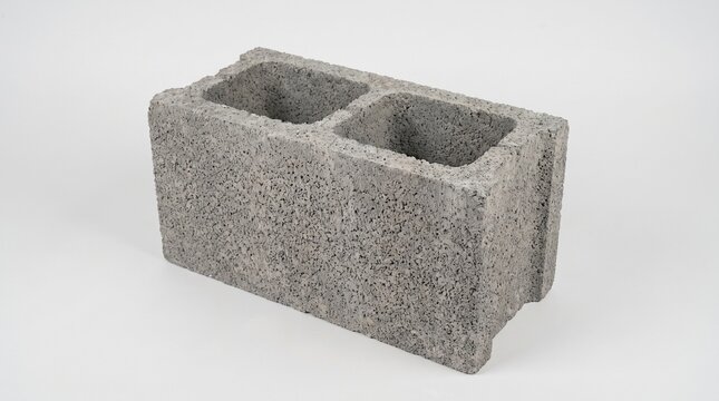 Single grey concrete cinder block isolated on white background