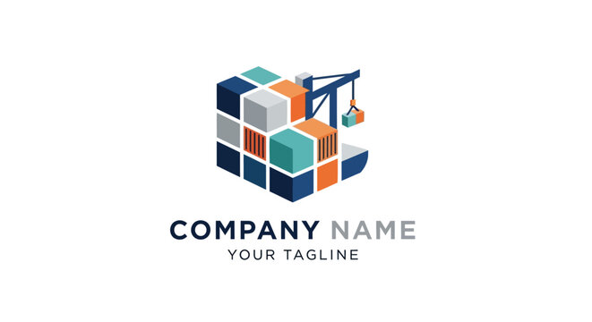 Modern geometric logo design with colorful cube and crane icon.