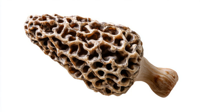 Close up view of a fresh morel mushroom highlighting its distinctive honeycomb pattern and unique shape