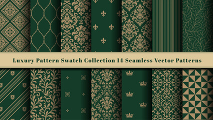 Plakat Luxury Gold & Green Seamless Pattern Swatch Collection - Damask, Geometric, and Royal Backgrounds 