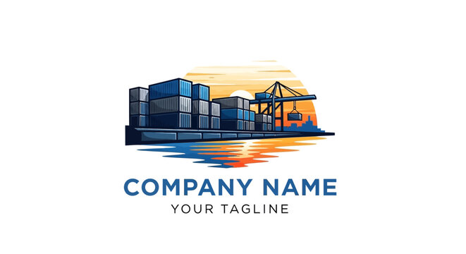 Modern shipping and logistics company logo design with containers and crane.