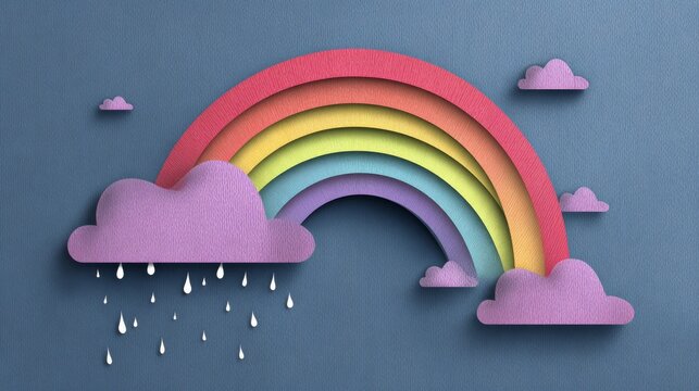 24.Playful rainbow arch combined with raining cloud icon, clear outlined shapes, glossy drop highlights, transparency preserved behind elements, layered weather scene symbolizing storm and clearing,