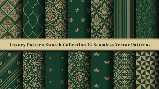 Luxury Gold & Green Seamless Pattern Swatch Collection - Damask, Geometric, and Royal Backgrounds
