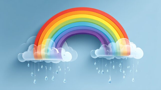 24.Playful rainbow arch combined with raining cloud icon, clear outlined shapes, glossy drop highlights, transparency preserved behind elements, layered weather scene symbolizing storm and clearing,