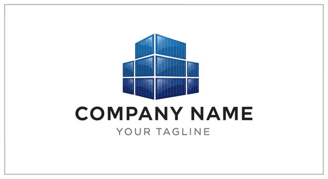 Modern corporate logo design with blue skyscraper icon and text.