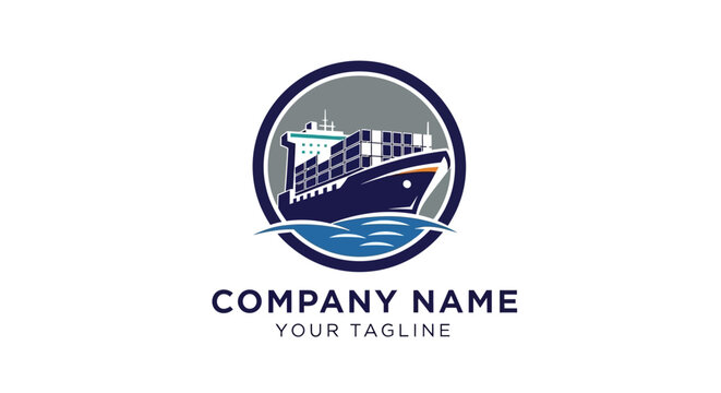 Circular logo design with ship and wave for maritime business branding.
