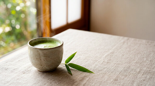 Minimalist zen still life with matcha green tea cup and bamboo leaf on beige linen background with copy space