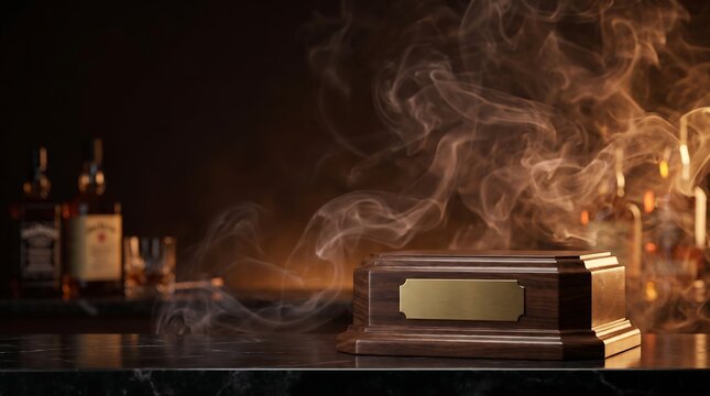 Wooden trophy base with a blank golden metal plaque on a dark marble bar counter surrounded by swirling smoke and blurred whiskey bottles