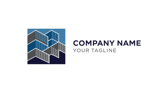 Modern geometric logo design with abstract blue shapes and text.