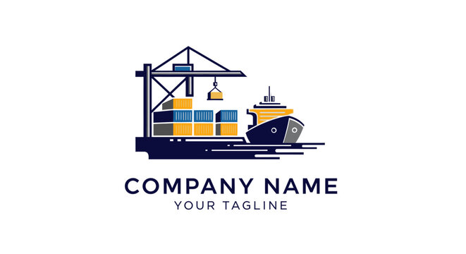 Modern shipping company logo with crane and cargo ship illustration.
