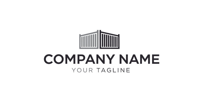 Minimalist black and white company logo design with building icon.