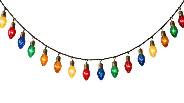 String of colorful glowing christmas light bulbs isolated on transparent background