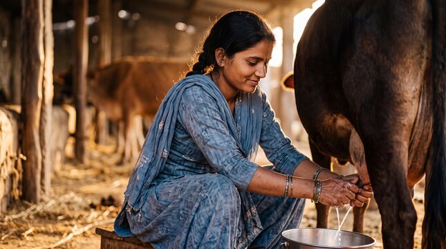 Young Indian Woman Milking Cow in Natural Sunlight