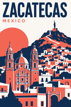 Zacatecas Mexico Travel Poster with Cathedral and Cerro de la Bufa Silhouette