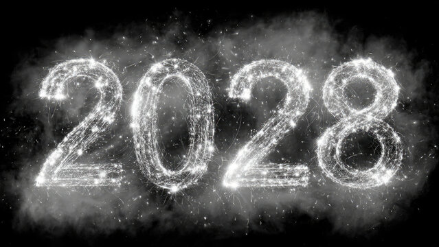 Sparkling two thousand twenty eight numeral made of bright light particles on black background