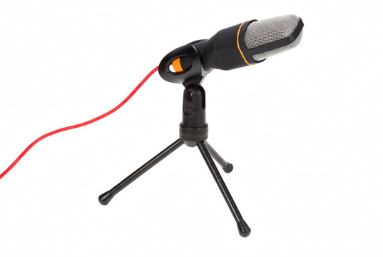 Desktop Condenser Microphone on Tripod Stand with Red Cable for Professional Audio Recording
