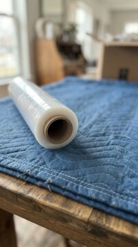 Industrial Stretch Wrap Roll Resting on a Protective Moving Blanket