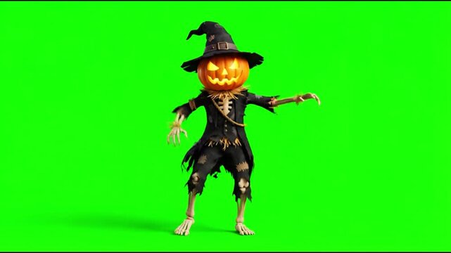 Dancing pumpkin head scarecrow on a green screen background,chroma key