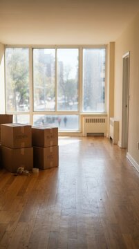 Sunlit Empty Apartment Interior with Stacked Moving Cardboard Boxes on Hardwood Floors A Symbolic Scene of New Beginnings and Urban Residential Life