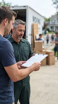 Movers Coordinating Relocation Logistics with Detailed Checklist and Documentation at a Residential Site for Efficient Service Delivery